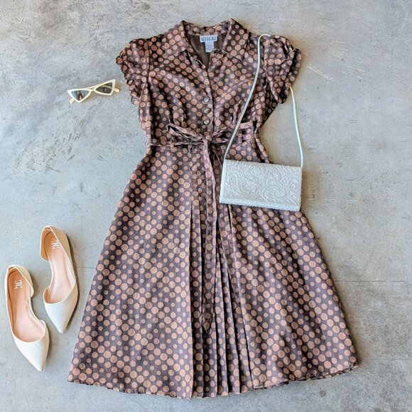 Vintage Dresses & Skirts - Vintage Robbie Bee Brown Polka Dot Belted Shirt Dress size 8